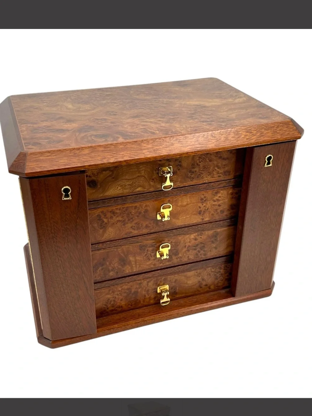 Gucci Italian Burl Wood Four Drawer Jewelry Chest with Gold Hardware